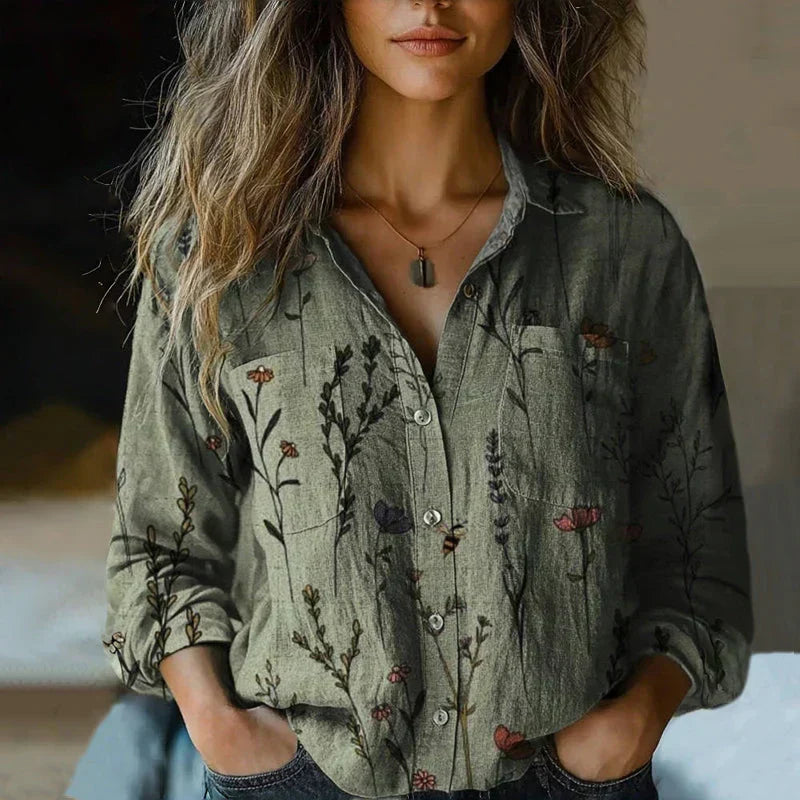 Blouse femme ample et chic à manches longues, motif 3D unique, idéale pour une tenue décontractée ou sophistiquée.