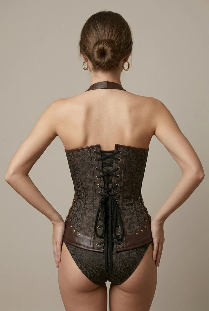 Corset sculptant élégant femme avec col halter, motif jacquard, pour une tenue de soirée chic.