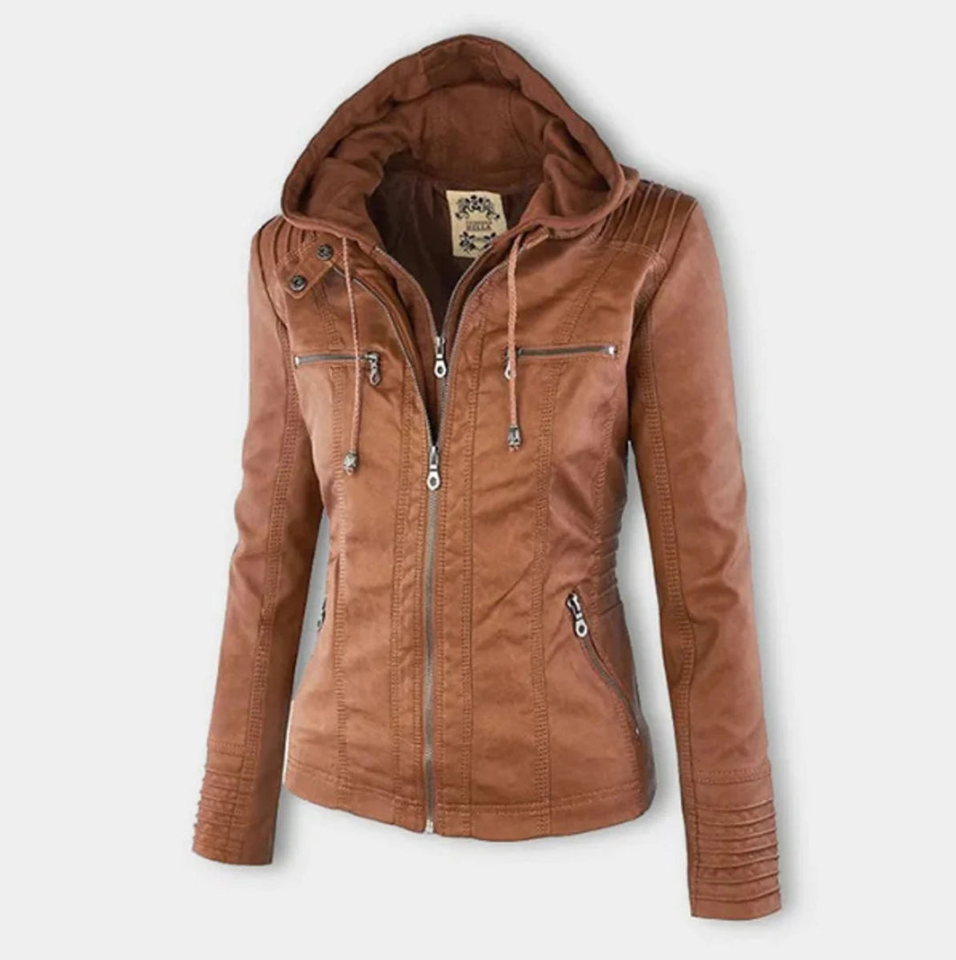 Veste élégante femme avec capuche amovible. Parfaite pour un style urbain chic et adaptable.