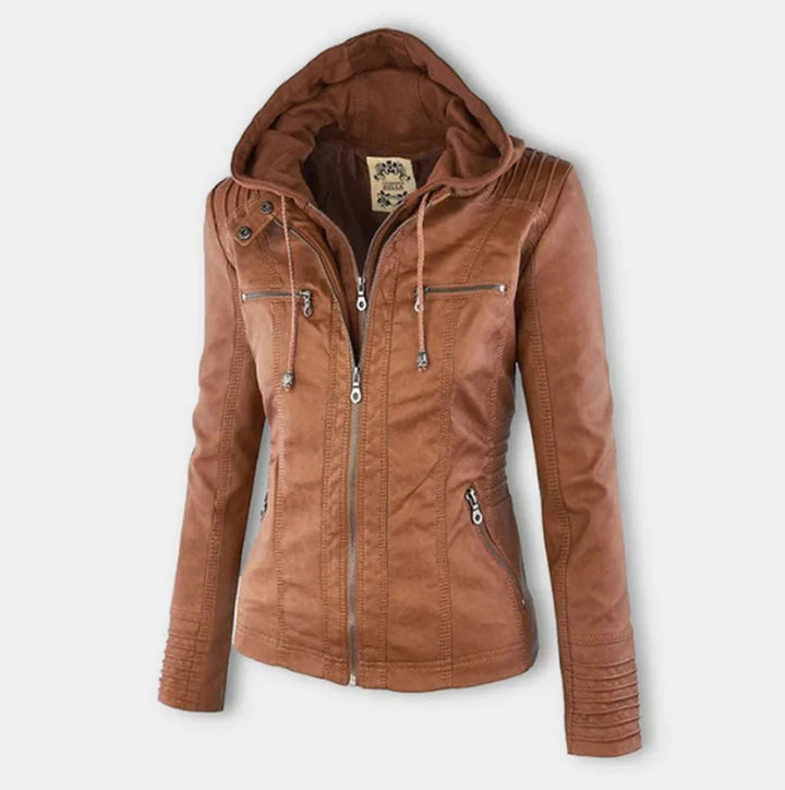 Veste élégante femme avec capuche amovible. Parfaite pour un style urbain chic et adaptable.