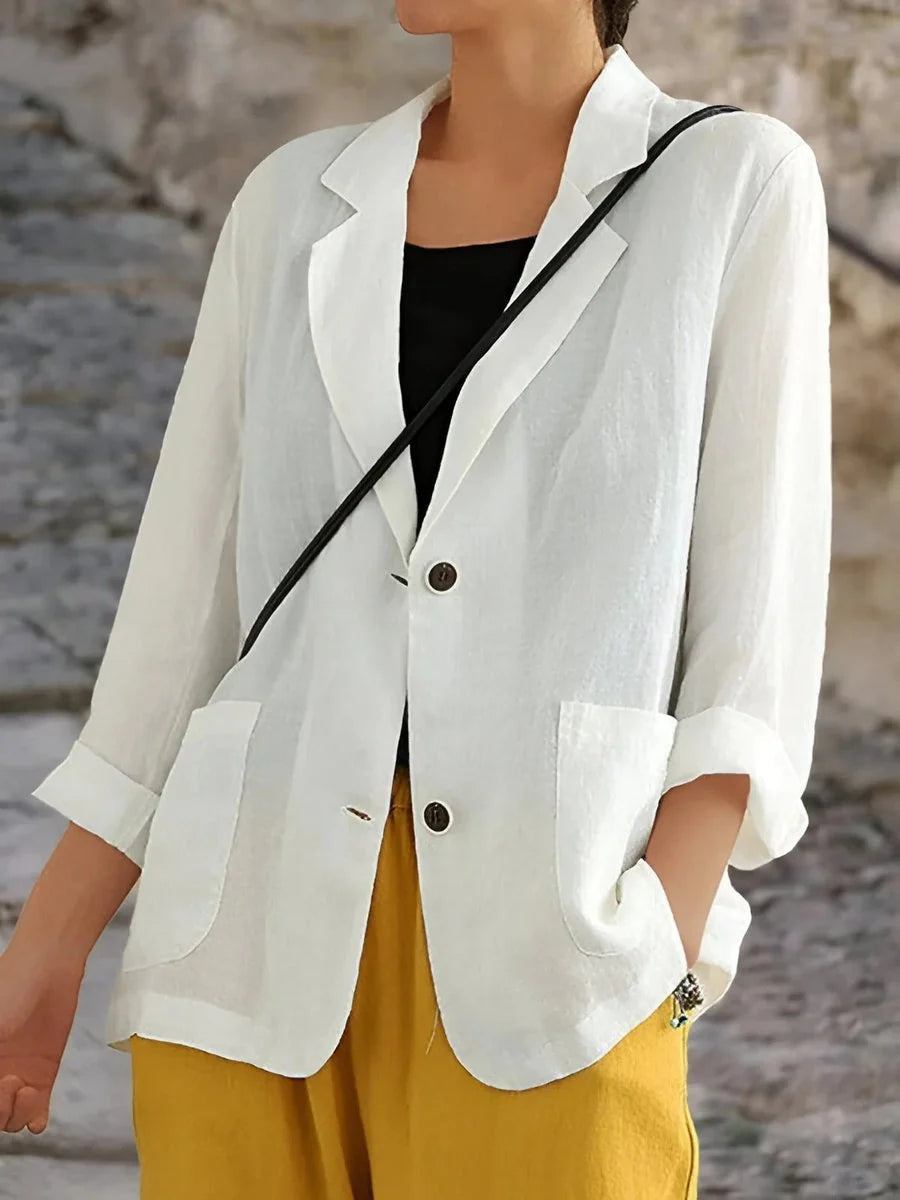Veste femme printemps/été décontractée et élégante, avec bouton unique. Confort et style assurés.