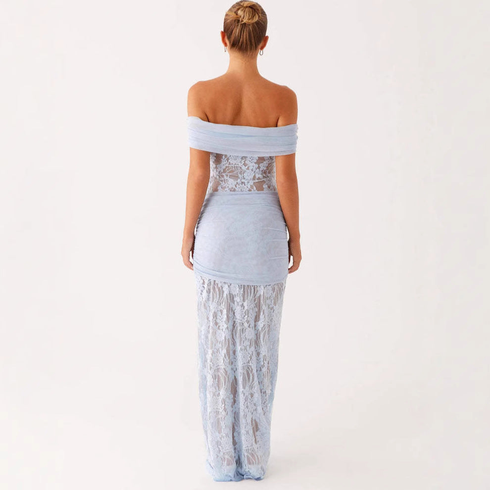 Robe de soirée fourreau chic pour femme, avec dentelle transparente et coupe ajustée, couleur bleu ou noir.