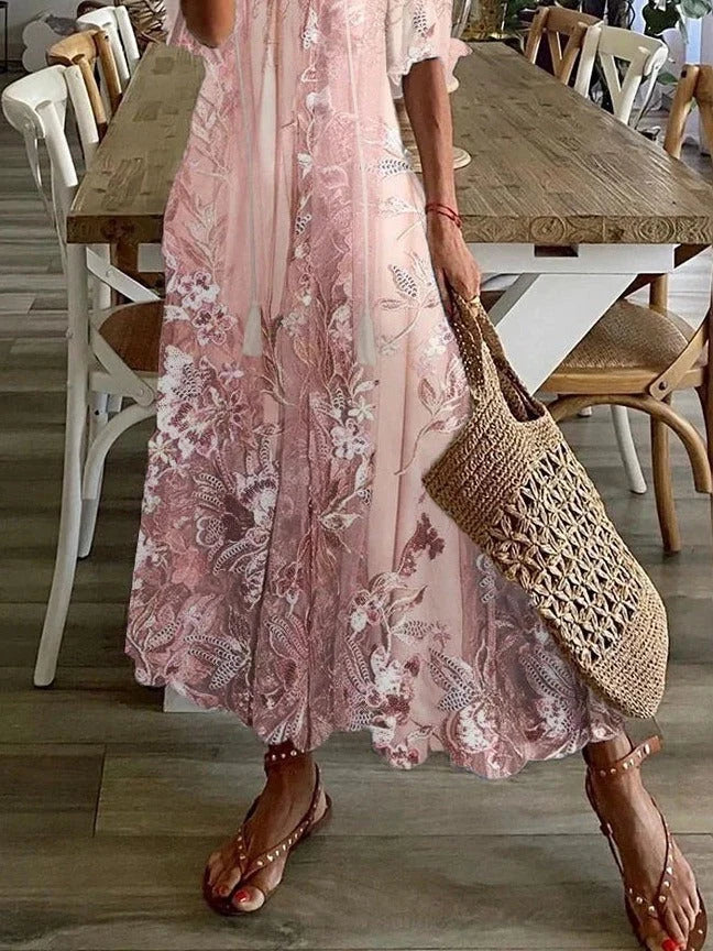 Robe maxi femme rose décontractée, détails broderie et dentelle. Parfaite pour le printemps et l'été.