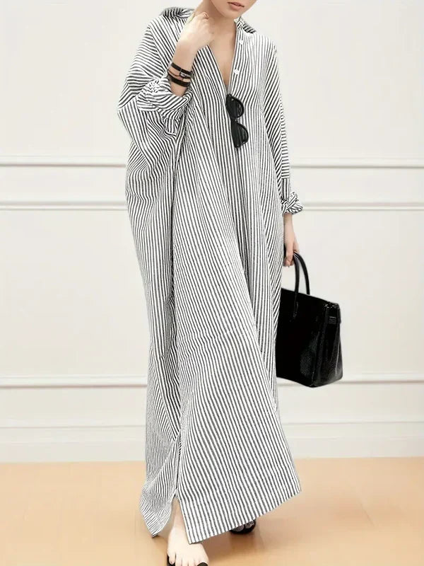Robe longue cardigan femme à rayures pour un look élégant et décontracté printemps-été.