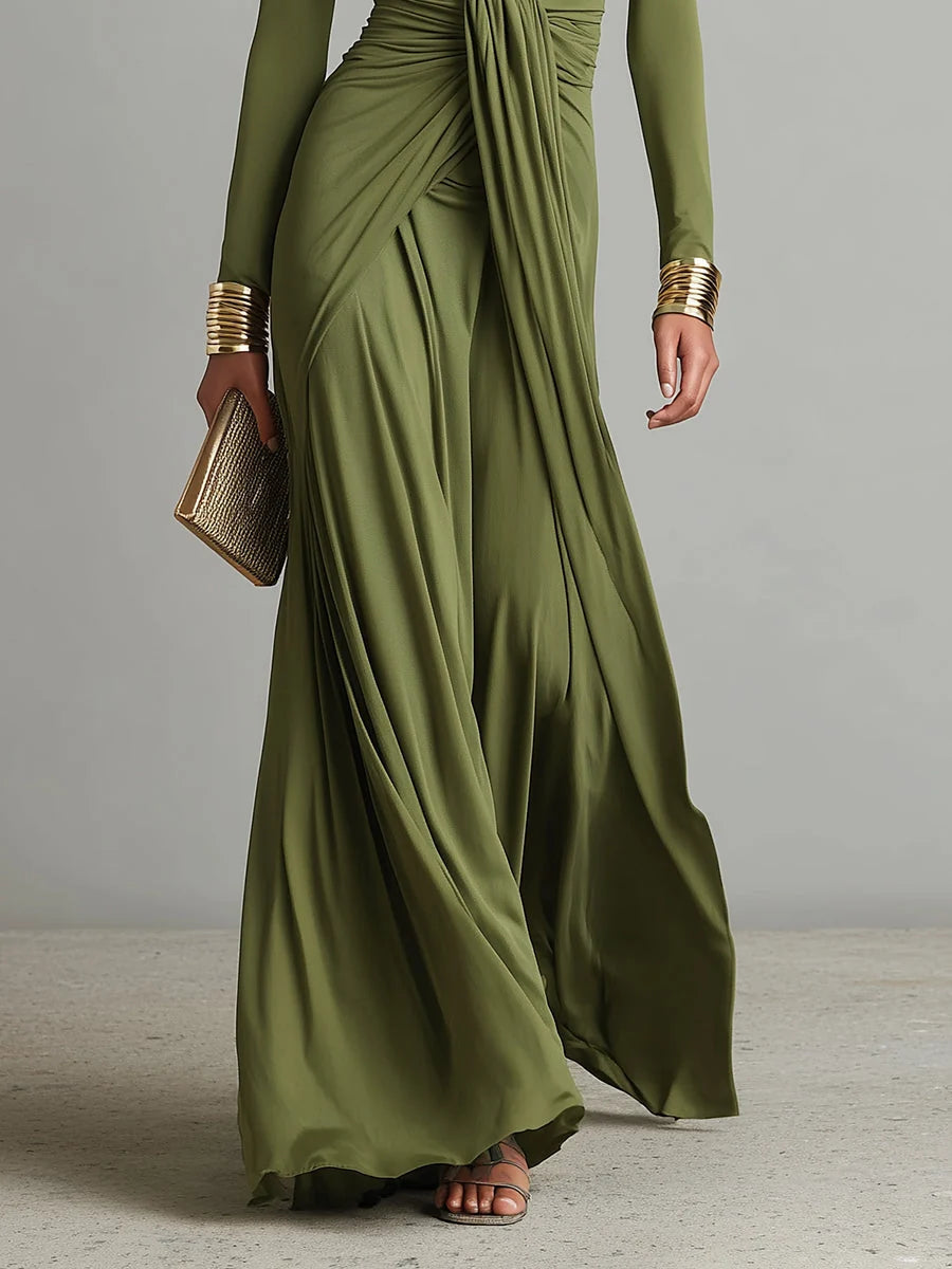 Robe maxi fluide vert armée pour femme, texturée. Confort élégant style français, mode printemps-été.