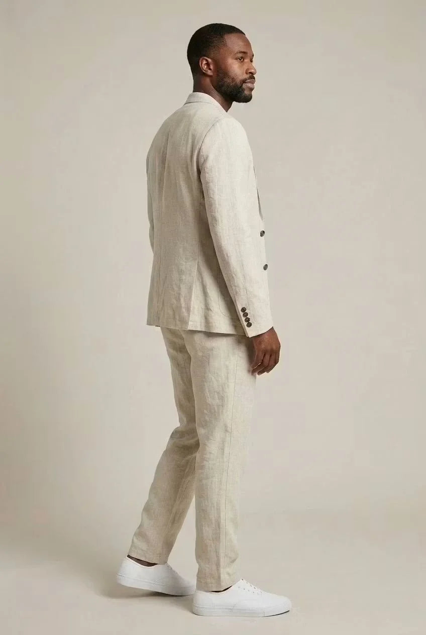 Élégant ensemble veste et pantalon homme pour l'été, coupe moderne et tendance. Confort printanier.