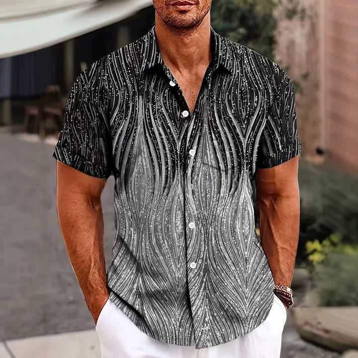 Élégante chemise homme à motif graphique imprimé, coupe décontractée, idéale pour l'été et le confort moderne.