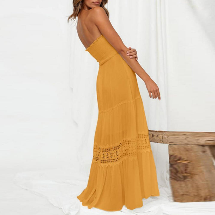 Robe longue décontractée femme, style patchwork dentelle. Parfaite pour l'été, le printemps ou les vacances.