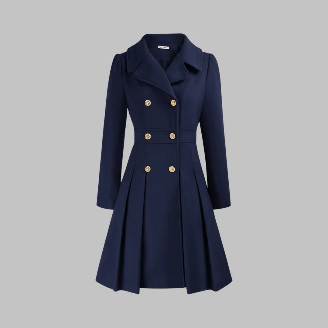 Manteau hiver femme chic, coupe A-ligne, double boutonnage. Détails plissés pour une veste mode et raffinée.
