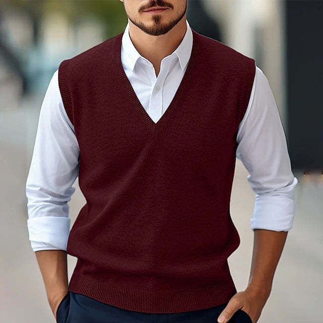 Gilet homme décontracté gris, sans manches, col V, idéal pour les tenues d'automne et d'hiver.