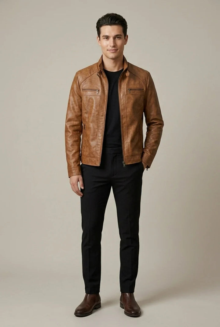 Veste homme décontractée, look urbain automne/hiver. Col montant et fermeture éclair pour confort stylé.