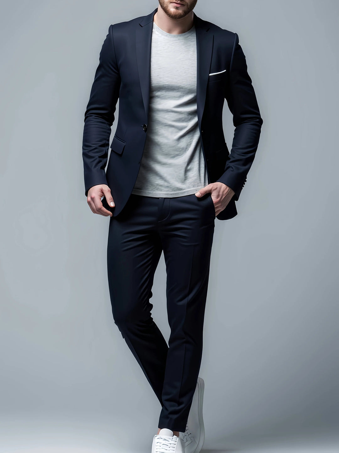 Costume homme formel deux pièces, coupe slim structurée. Idéal pour un look professionnel ou pour mariage, ensemble élégant.