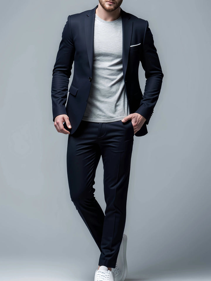 Costume homme formel deux pièces, coupe slim structurée. Idéal pour un look professionnel ou pour mariage, ensemble élégant.