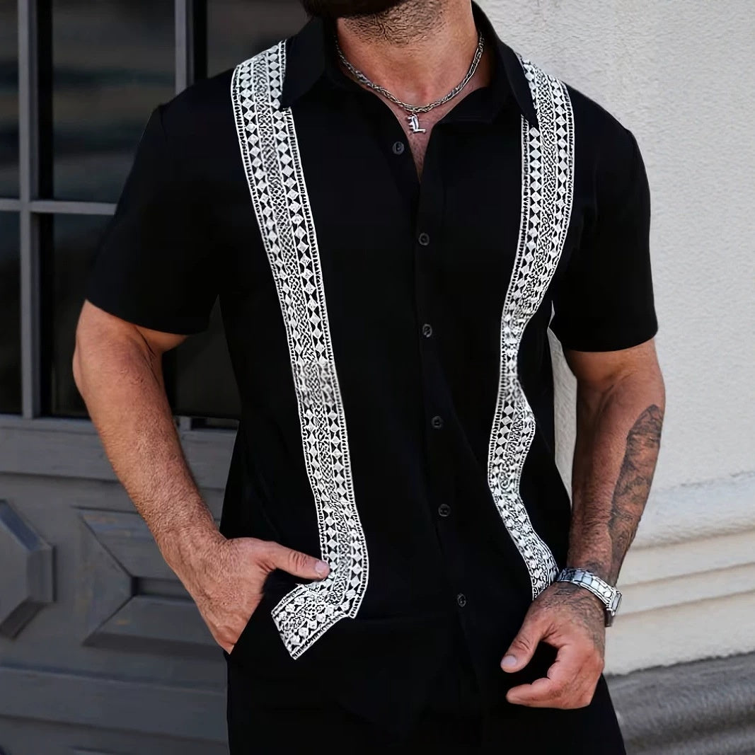 Chemise homme d'été imprimée décontractée, manches courtes, motif graphique. Parfaite pour vacances et plage.