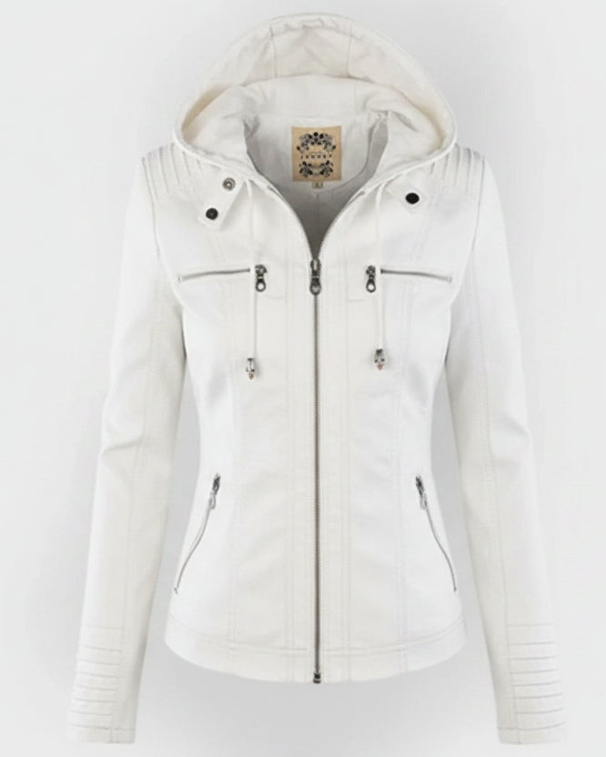 Veste femme moderne pour la ville. Look cintrée, moto-chic, avec capuche amovible. Tendance et confortable.