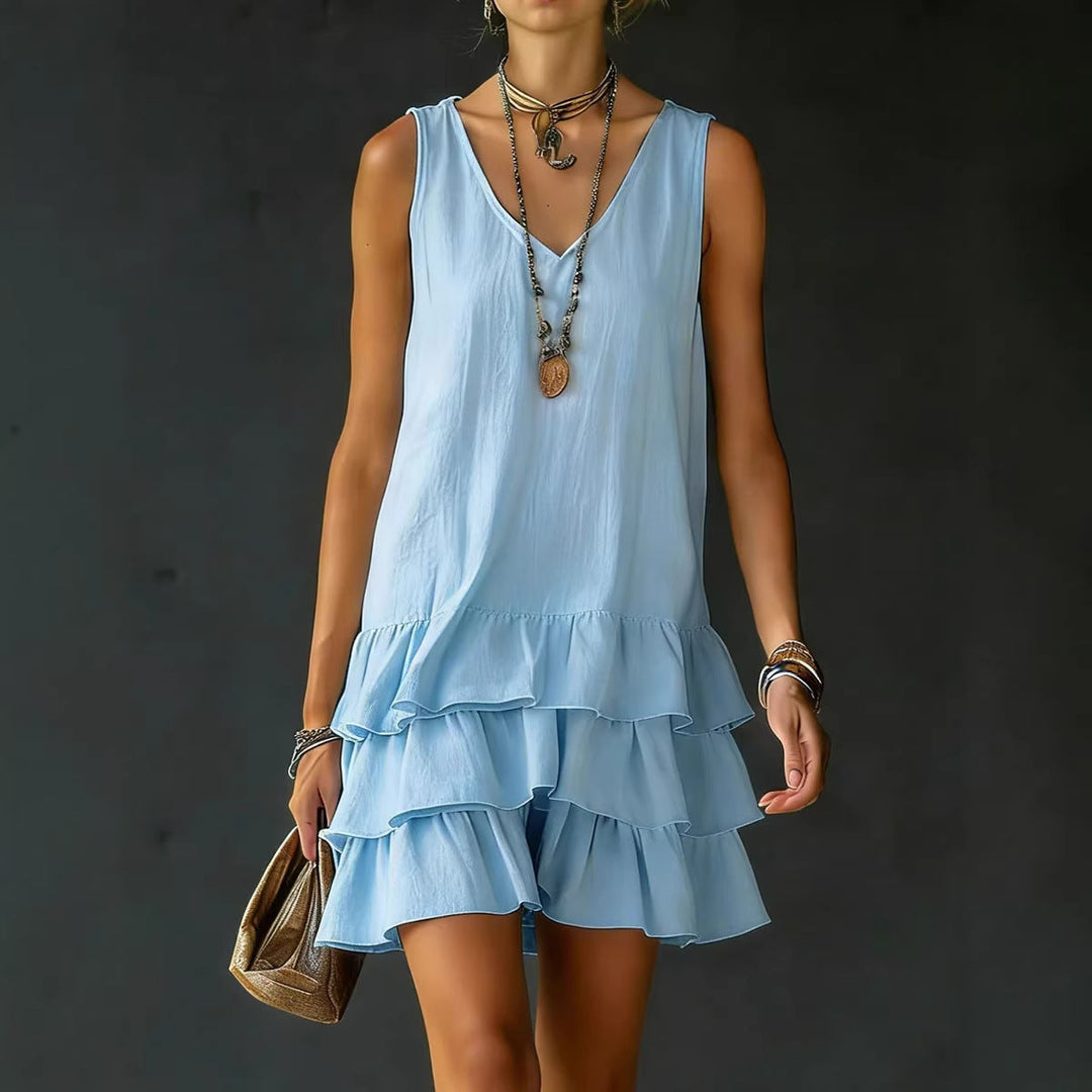 Robe mini fluide femme sans manches à volants, avec col V, idéale pour printemps/été, élégante et confortable.