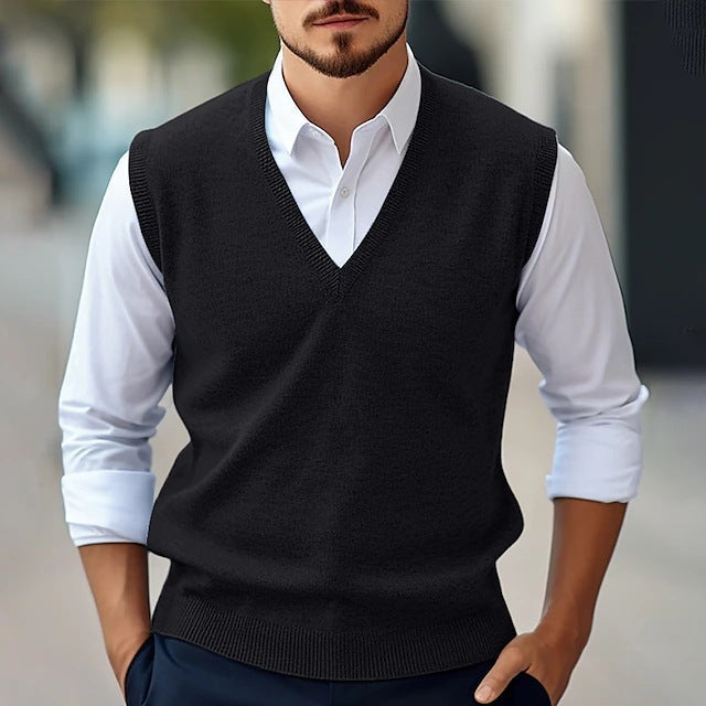 Gilet homme confortable noir, col V, style polyvalent pour une garde-robe moderne et élégante.