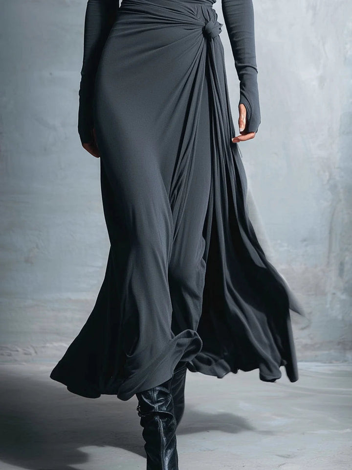 Robe femme chic maxi portefeuille à nœud sur le côté, manches longues, silhouette flatteuse.
