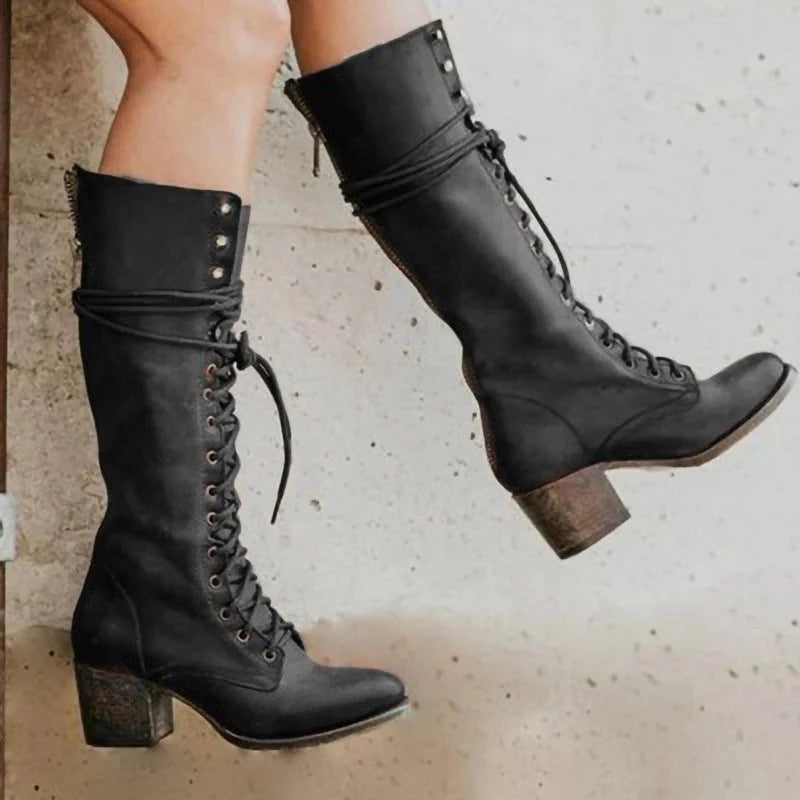 Bottes hautes femme noires en cuir à talon large, style européen élégant, idéales automne/hiver pour confort et mode.