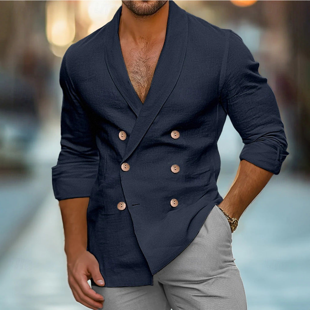 Blazer homme élégant à double boutonnage, col polo. Veste moderne et confortable pour diverses occasions.