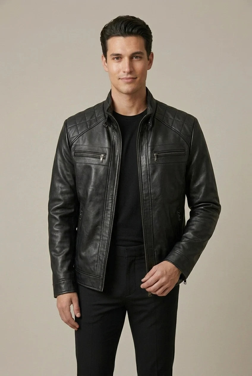 Veste homme élégante col montant noire, fermeture zippée pour un look urbain moderne en automne-hiver.