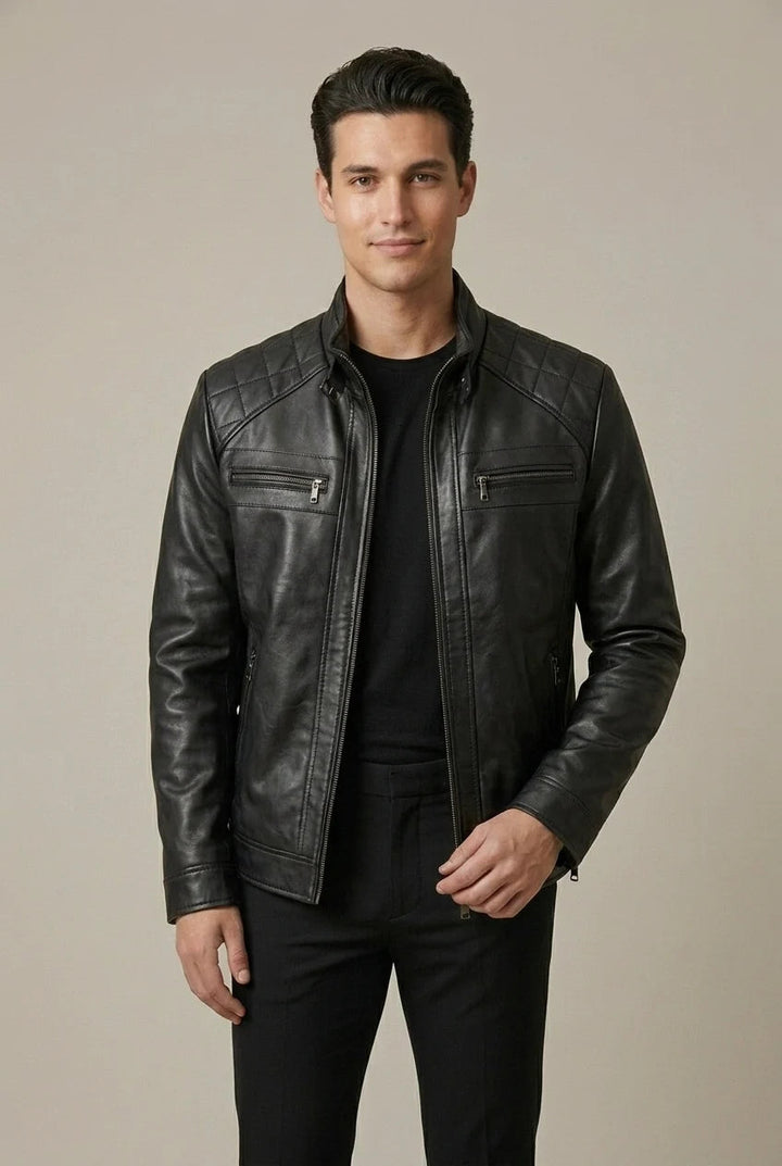 Veste homme élégante col montant noire, fermeture zippée pour un look urbain moderne en automne-hiver.