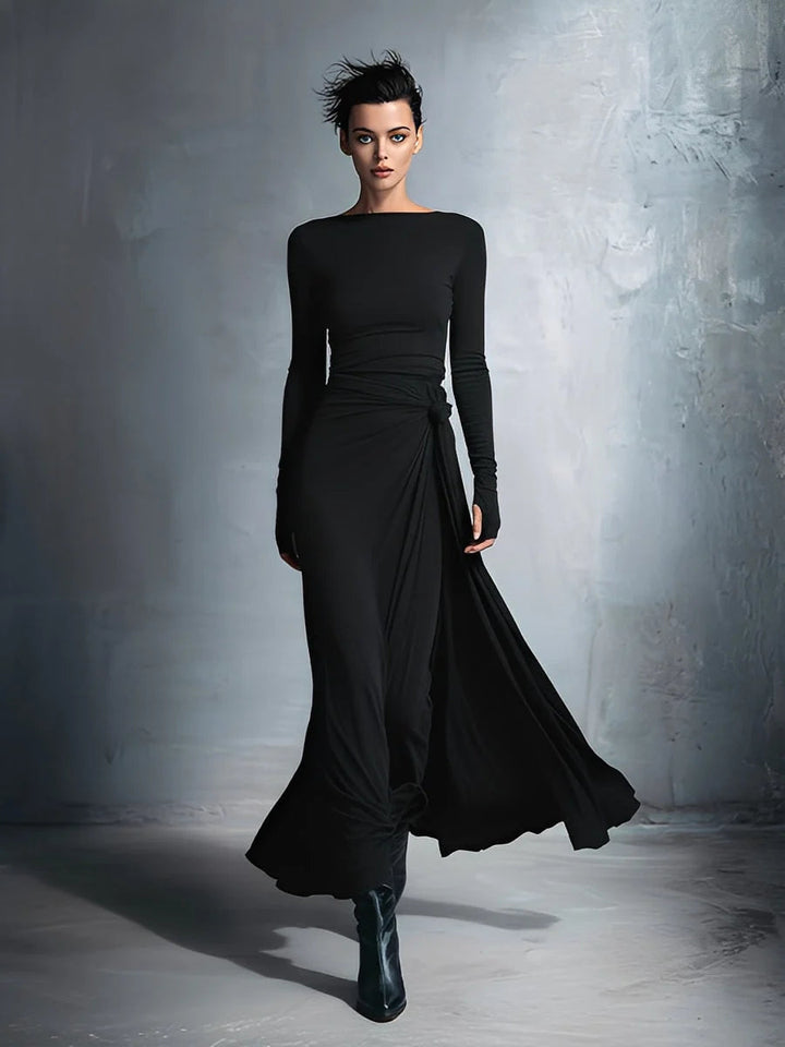 Robe de soirée femme maxi, style portefeuille, nœud décoratif, manches longues, look raffiné.