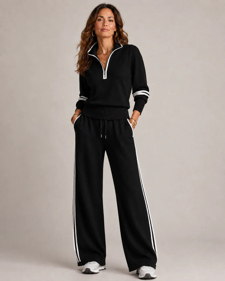 Ensemble femme deux pièces en coton, haut manches longues et pantalon décontracté. Style confortable pour toute saison.