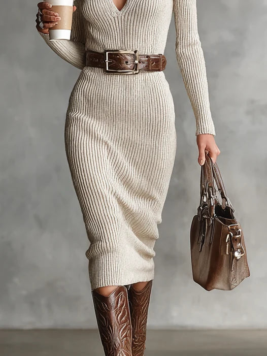 Robe midi femme élégante pour le quotidien, avec ceinture et coupe ajustée.