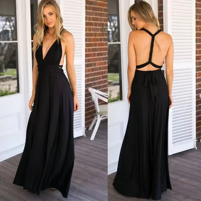 Robe longue femme, dos nu avec bretelles croisées. Tenue de soirée élégante et fluide pour l'été.