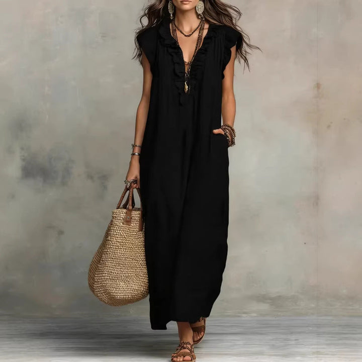 Robe maxi femme élégante et fluide avec volants, sans manches, poches. Idéale pour l'été et le printemps.