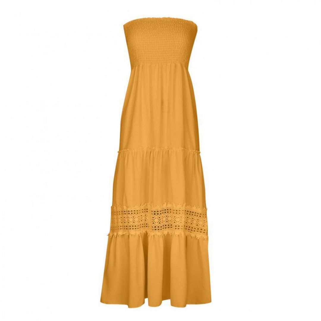 Robe longue femme sans manches, décontractée, avec élégance dentelle patchwork. Idéale pour l'été et les vacances.