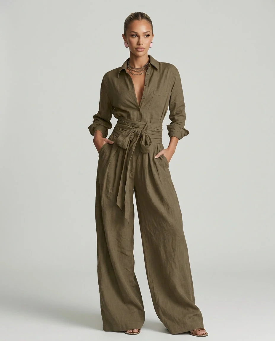 Vêtements femme été: ensemble deux pièces chic en lin coton, chemisier et pantalon large pour un look frais.