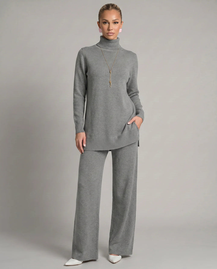 Ensemble maille femme élégant et décontracté. Deux pièces polyvalentes: pantalon large, haut confortable.
