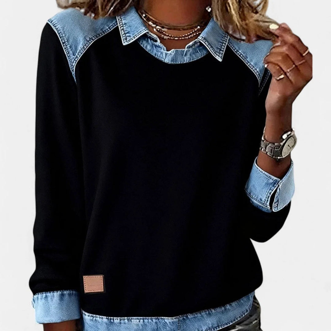 Pull chic femme, col chemise raffiné contrastant, style décontracté et élégant pour le quotidien.