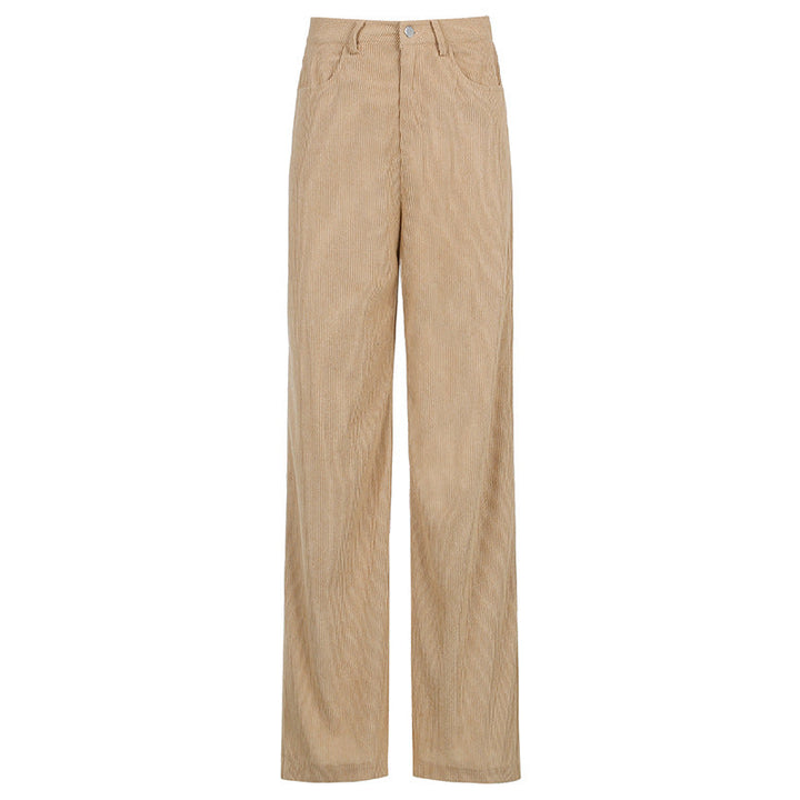 Pantalon femme décontracté beige, coupe large fluide et élégante, style côtelé moderne et confortable.