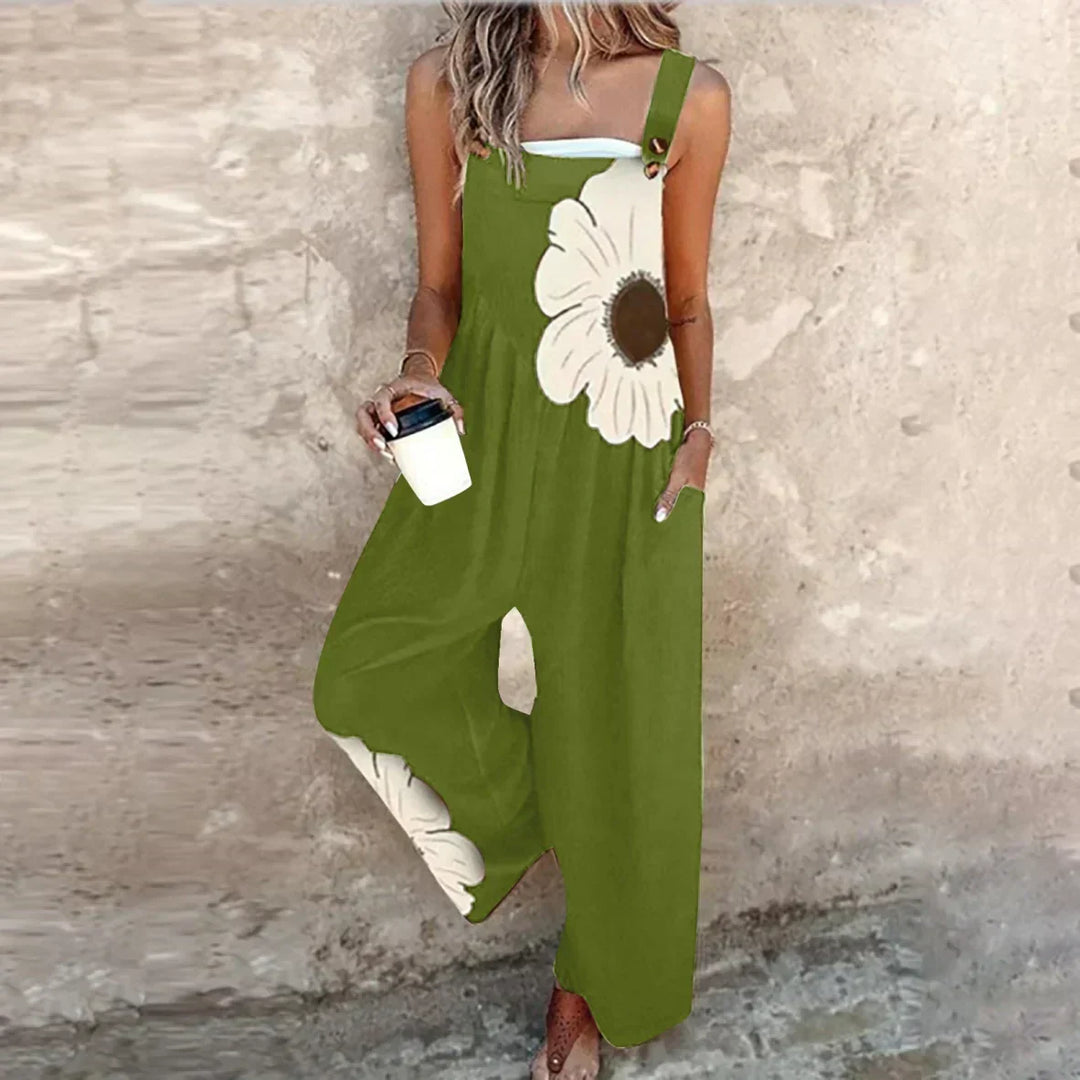 Tenue combinaison femme fluide imprimée style vintage, très confortable et décontractée pour l'été.