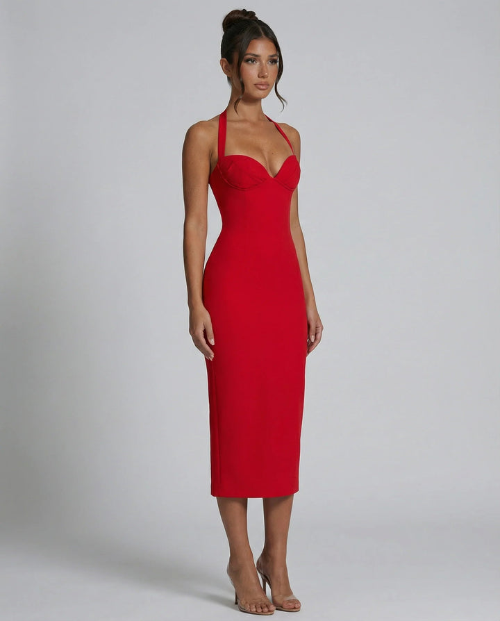 Robe midi femme printemps/été, encolure halter et dos fendu. Élégance et style contemporain pour vos soirées.