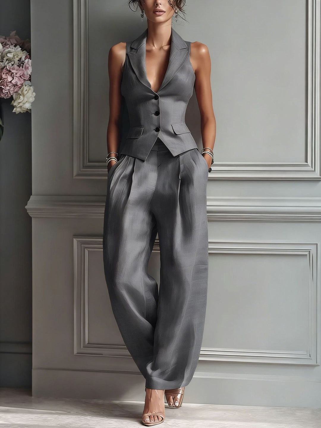 Pantalon fluide confortable pour femme, idéal pour une tenue décontractée chic. S'associe au gilet élégant.