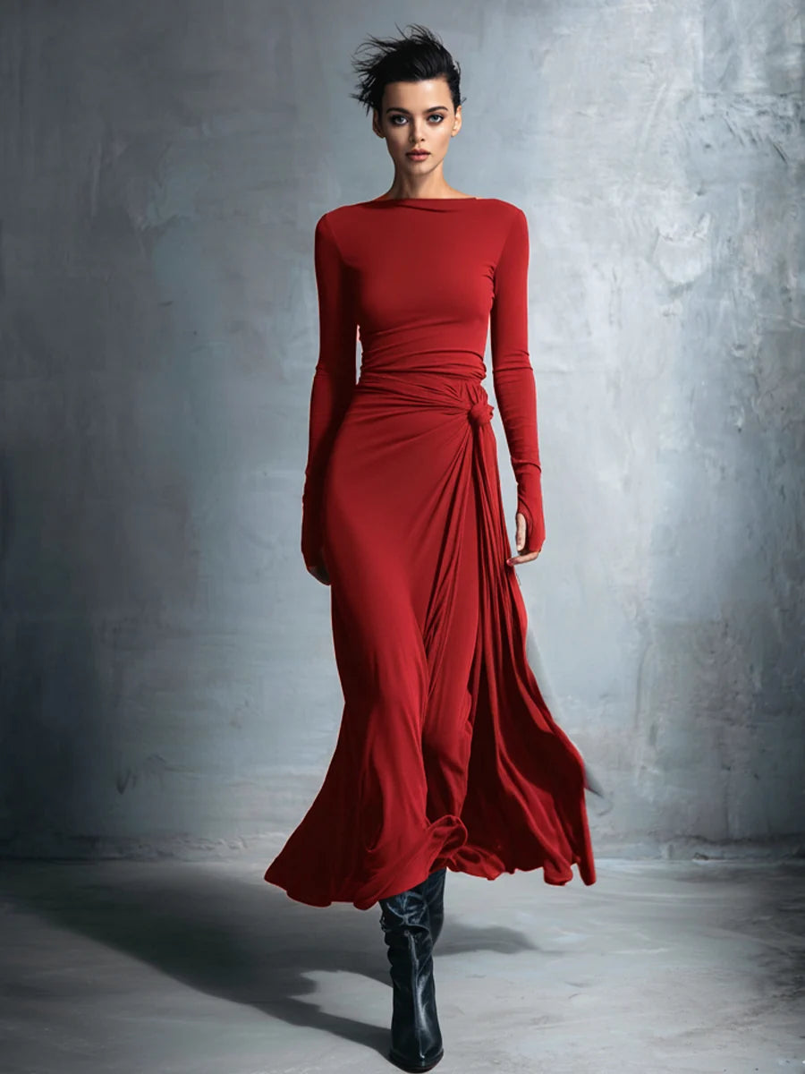 Robe longue femme élégante, coupe portefeuille avec nœud, manches longues, silhouette fluide et chic.