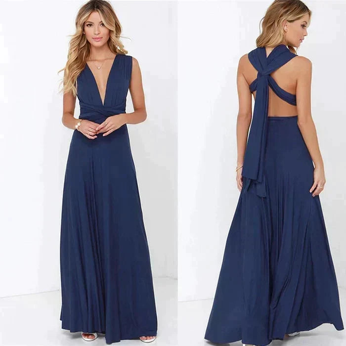 Robe femme élégante et fluide, dos nu. Bretelles croisées. Chic pour les soirées et occasions printemps-été.