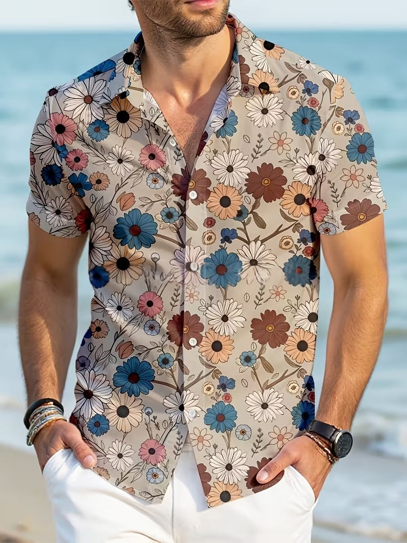 Chemise homme imprimée estivale et chic, coupe décontractée. Idéale pour un look moderne et confortable en vacances.