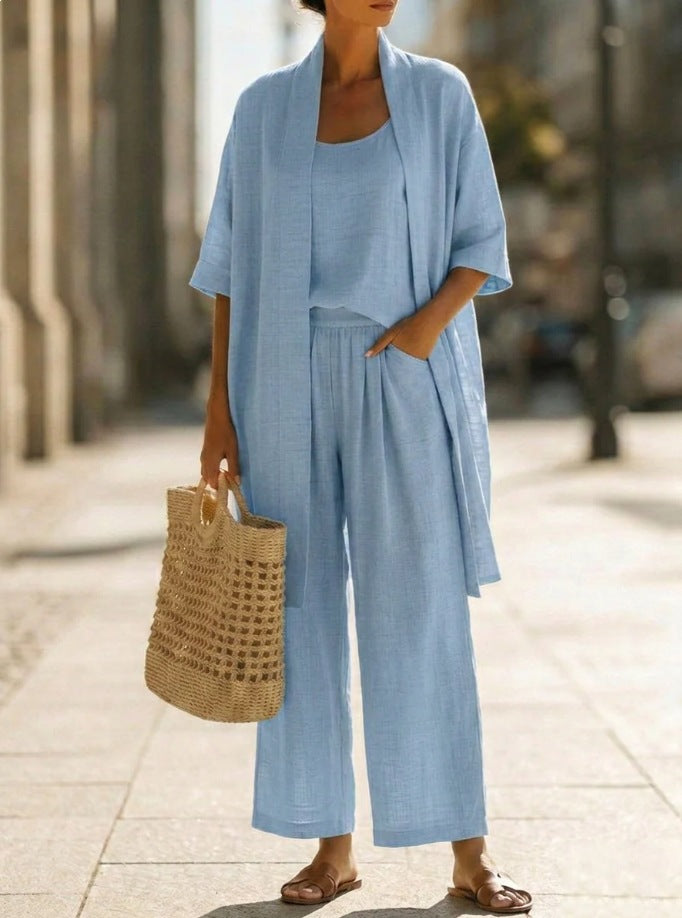 Ensemble femme 3 pièces noir pour printemps/automne: cardigan, débardeur, pantalon. Tenue décontractée chic.