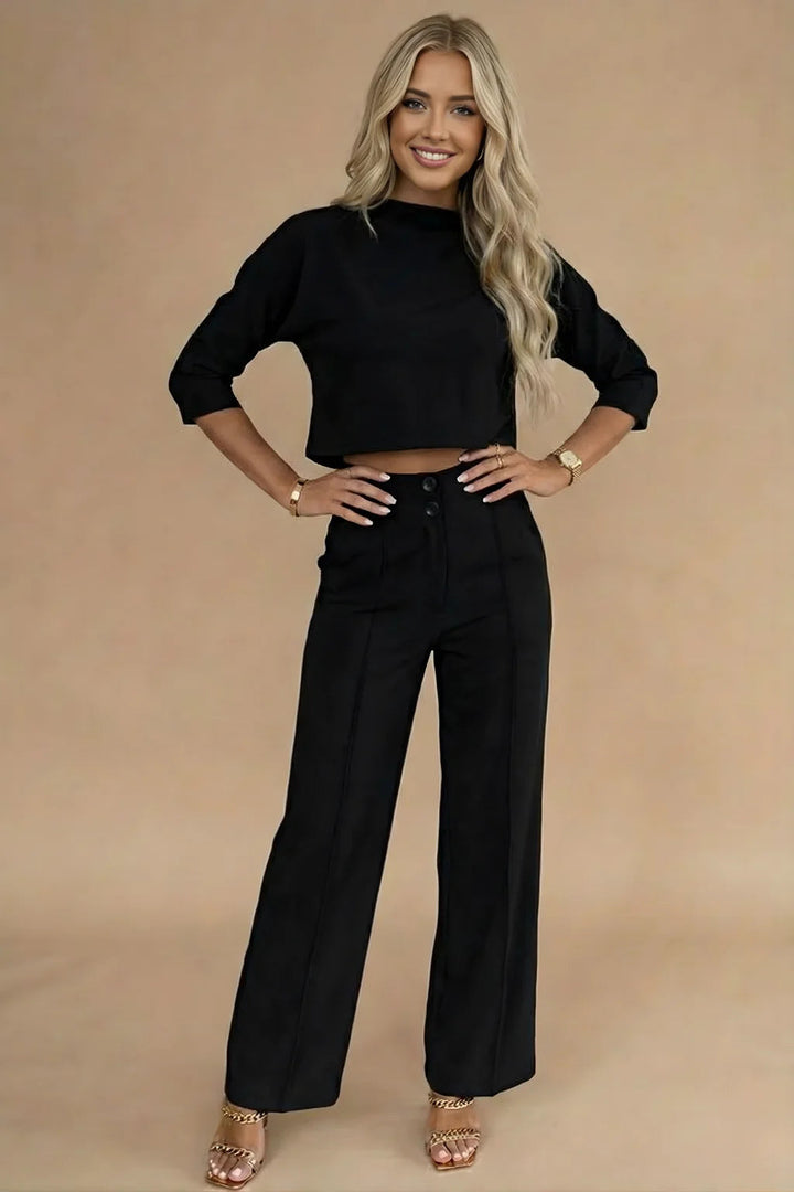 Ensemble femme confortable top court et pantalon large. Tenue décontractée polyvalente, idéale printemps/été.