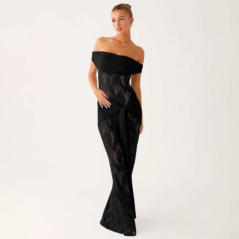 Magnifique robe fourreau chic femme, dentelle découpée transparente et nœud satiné. Idéale pour vos soirées.