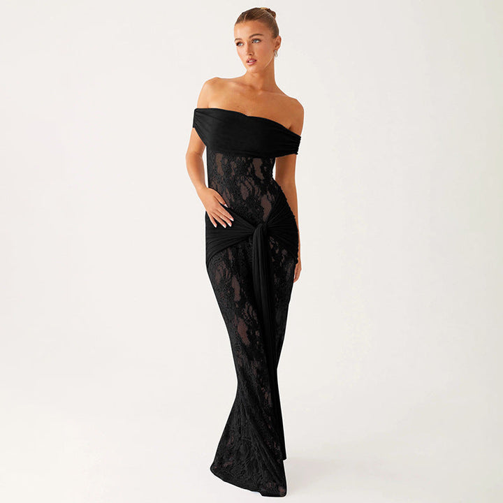 Magnifique robe fourreau chic femme, dentelle découpée transparente et nœud satiné. Idéale pour vos soirées.
