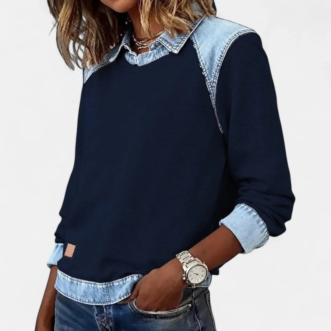 Pull moderne femme, col chemise contrastant, idéal pour un look chic ou casual automnal.