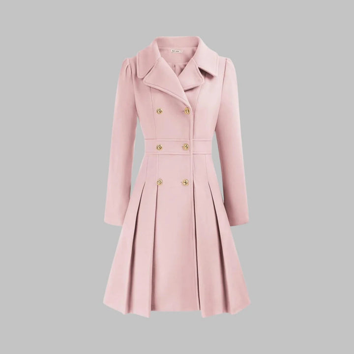 Manteau femme élégant et chic, coupe A-ligne, double boutonnage. Jupe plissée, idéal pour rester au chaud en hiver.