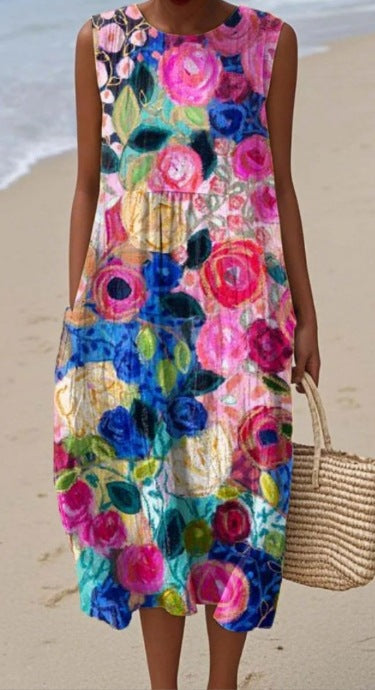 Robe midi femme estivale sans manches avec imprimé élégant, coupe fluide et décontractée pour un confort optimal.