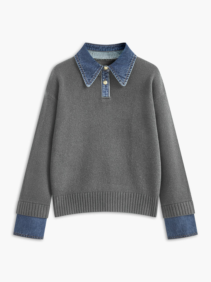 Femme portant un pull superposé avec col chemise denim intégré. Idéal pour la mode femme automne/hiver.